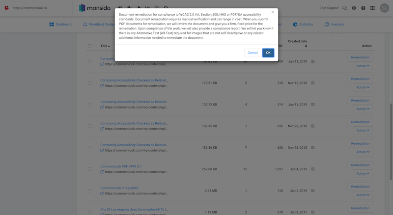 A pop up box on the Monsido dashboard