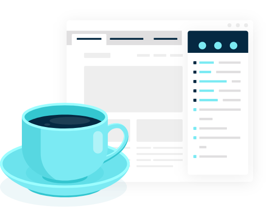 An illustration of a cup of coffee next to the Monsido platform dashboard