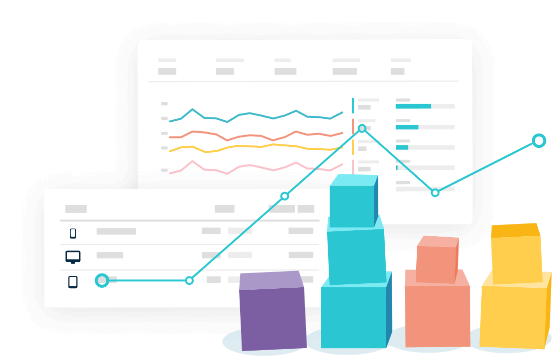 An illustration of graphs displaying analytics results inside the Monsido platform
