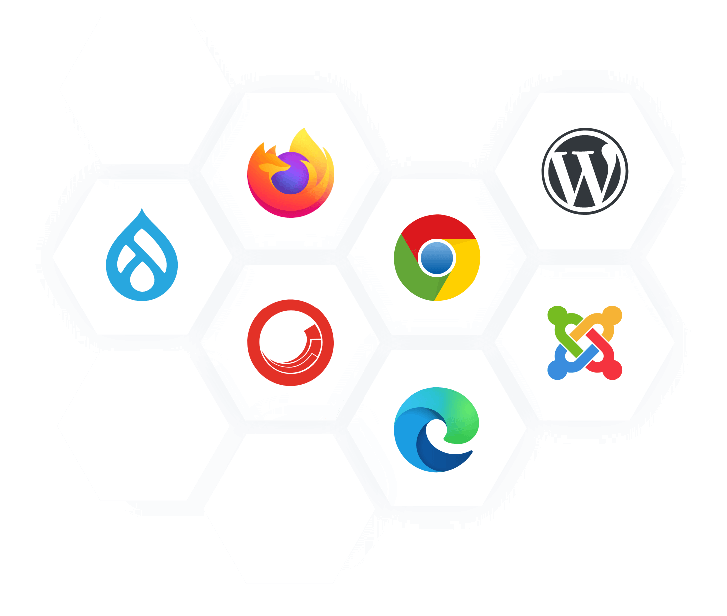 Logos of major CMSs, applications and browsers that work with Monsido