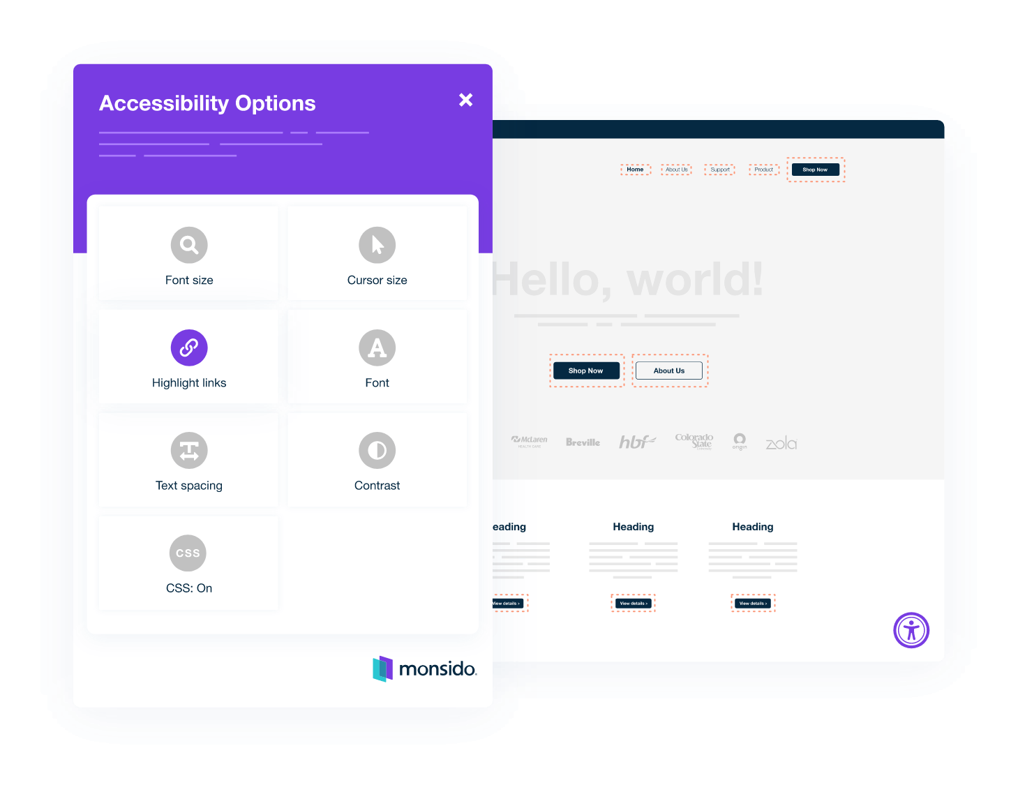 Accessibility options displayed inside the Monsido Platform.