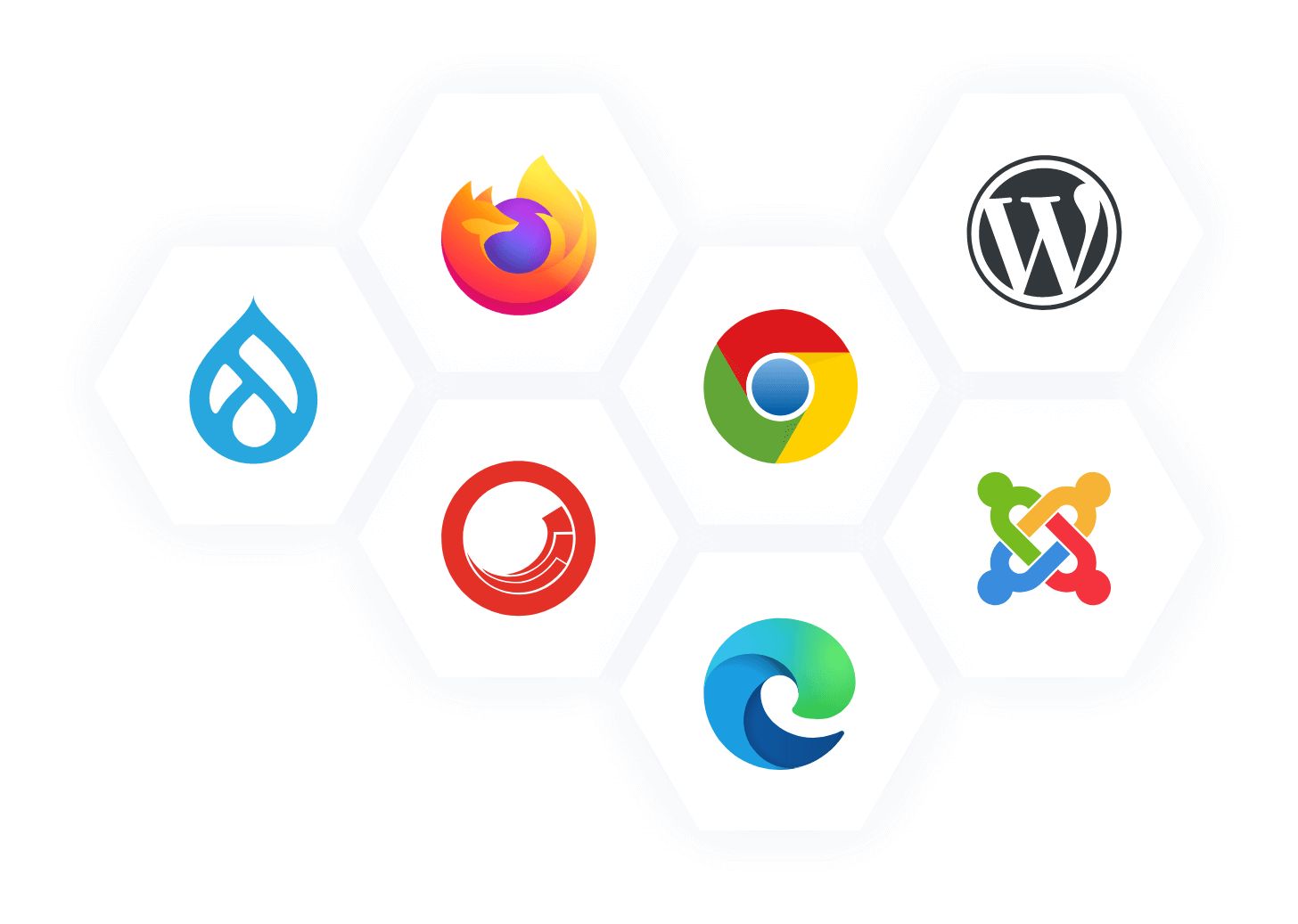 Logos of major CMSs, applications and browsers that work with Monsido