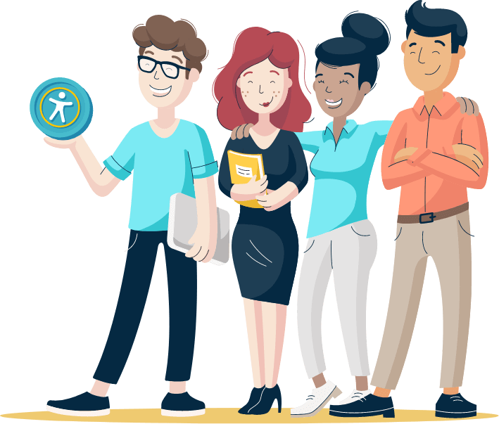 Illustration of happy Monsido staff holding books and a light blue accessibility badge.