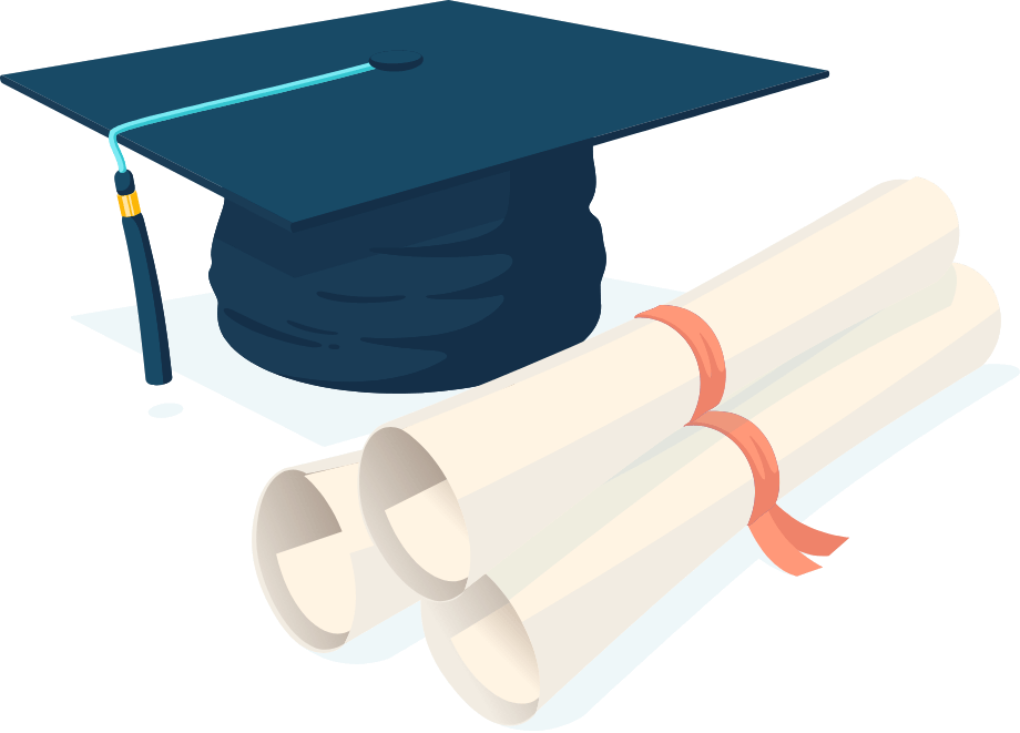 Illustration of a graduation hat and diplomas rolled up next to it.