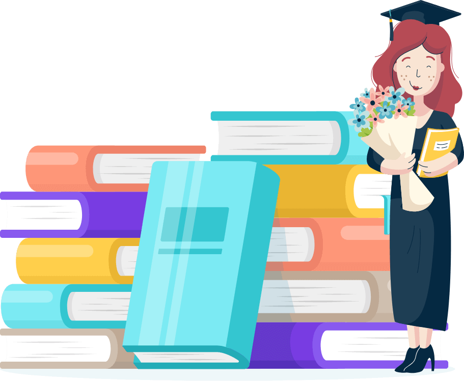 Illustration of a stack of books with a graduate standing next to it with a graduation hat, holding flowers and a diploma.