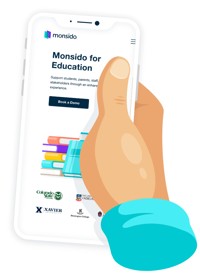 Illustration of a hand holding a smartphone and scrolling on the education page on monsido.com.