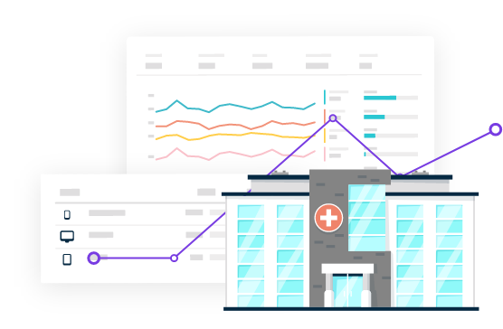 An illustration of graphs displaying analytics results inside the Monsido platform with a hospital picture in front.