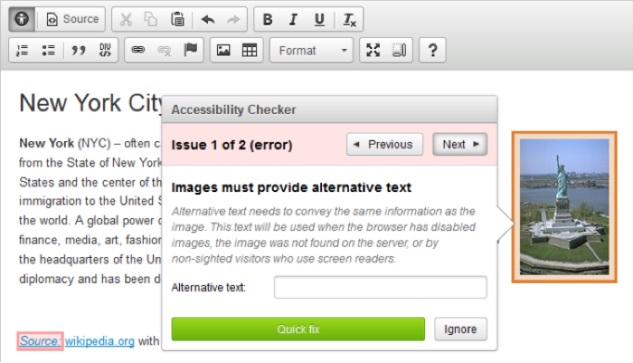Screenshot displaying the CKEditor where accessibility issues have been detected