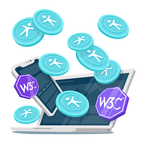 Illustrated laptop and mobile phone with multiple accessibility and W3C icons floating above.