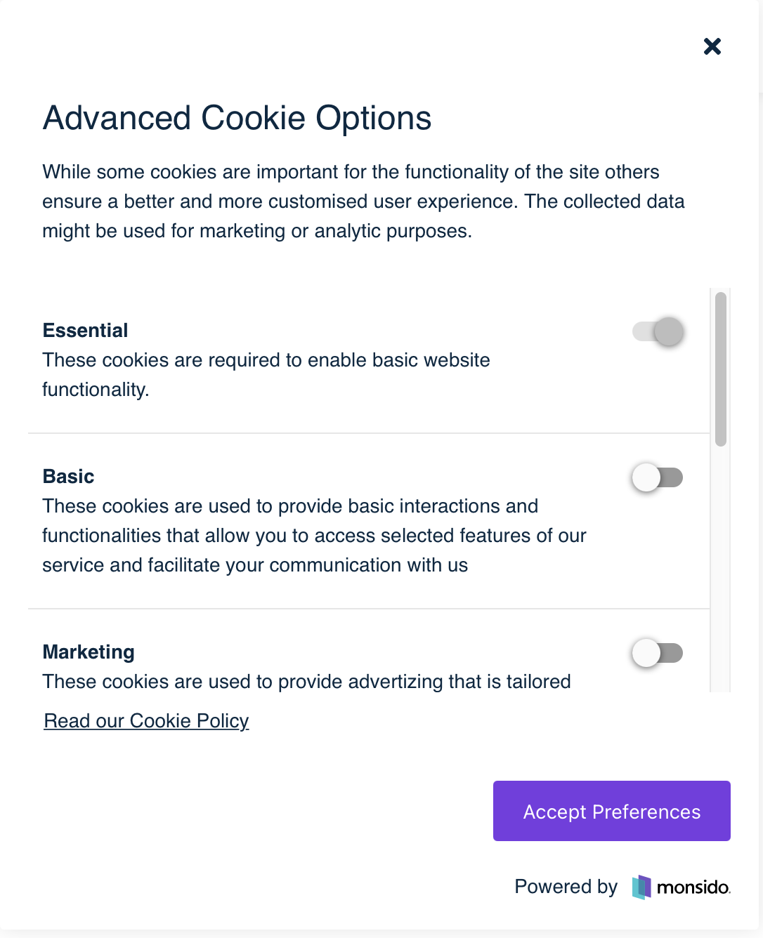 A screenshot of Monsido's Advanced Cookie options