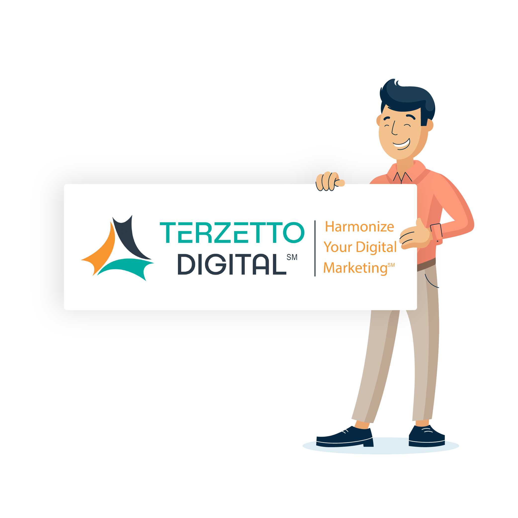 Illustration of Monsido staff holding a poster with the Terzetto Digital logo - Harmonize Your Digital Marketing
