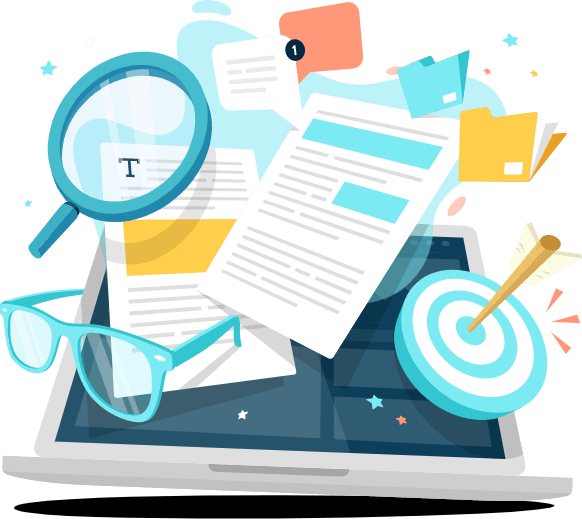 Illustration of a laptop with icons coming out of it including eye glasses, documents, a bullseye target, folders, and a magnifying glass all representing website optimization tasks.