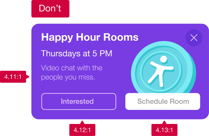 A don’t do graphic depicting a visual invitation for a meeting room invite with low color contrast on the text and call-to-action buttons e.g. 4.11:1 ration on the lightest text on a dark purple background and 4.13:1 on the darker text on a white button. 