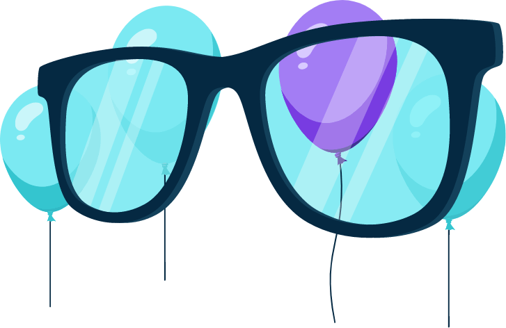 Illustration of eyeglasses with balloons in the background of different contrasts