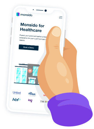 Mobile phone screen with a hand scrolling on Monsido's website. 