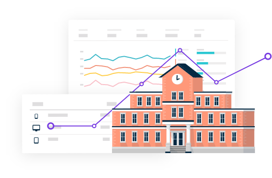 An illustration of graphs displaying analytics results inside the Monsido platform and a school building.