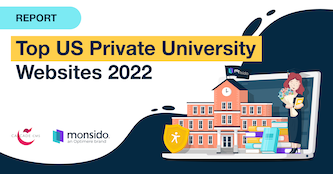 A banner saying Report and Top US Private University Websites 2022. Has an illustration of a stack of books, school building and a graduate standing on top of a laptop.