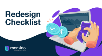 Illustration of an open laptop, accessibility badges and hands scrolling a mobile phone, with a wavy background. The banner says