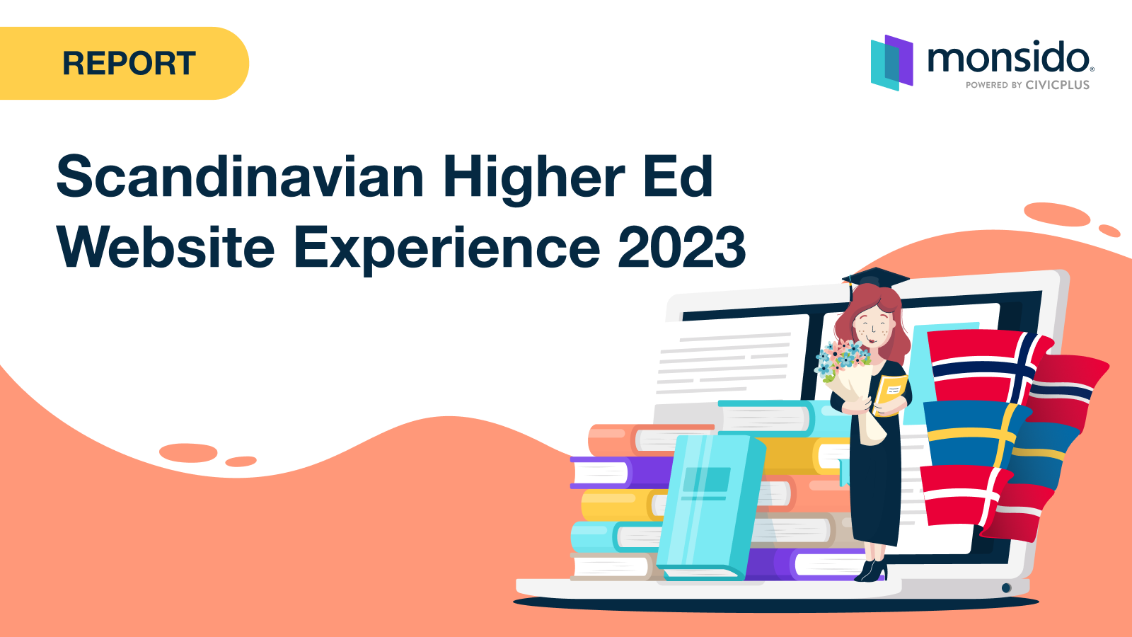illustration of laptop, books, and man holding flag. Text overlaid: Scandinavian Higher-Ed Website Experience 2023