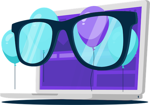 Illustration of laptop, glasses, and balloons